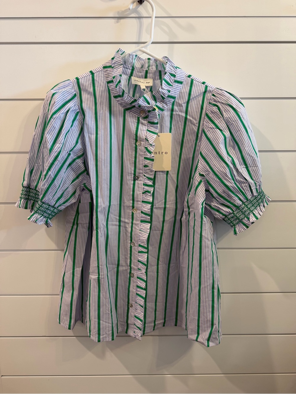 Entro Green & White Striped Ruffle Button-Up Top Size Large.